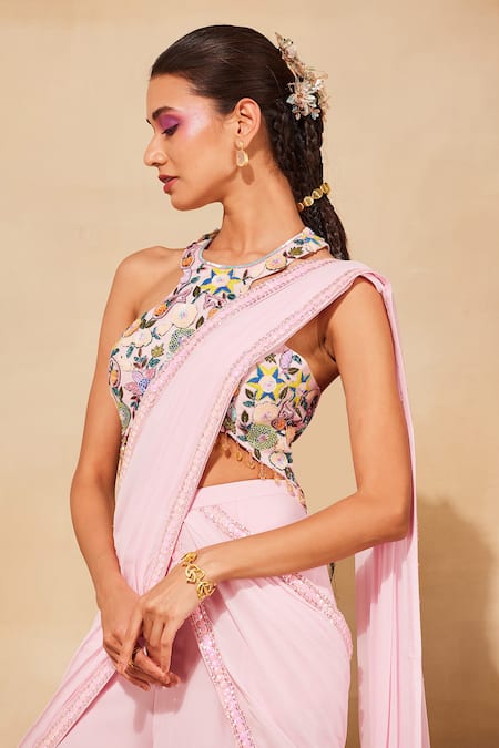 Buy Diyarajvvir Pink Georgette, Tulle Sequins, Beads, Embroidery Sharara Saree With Blouse Online at Aza Fashions Buy_Diyarajvvir_Pink Georgette, Tulle Sequins, Beads, Embroidery Sharara Saree With Blouse _Online_at_Aza_Fashions