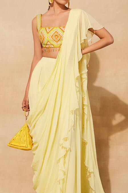 Diyarajvvir_Yellow Georgette, Cotton Satin, Cotton, Silk Ruffle Pre-draped Skirt Saree Set _Online_at_Aza_Fashions