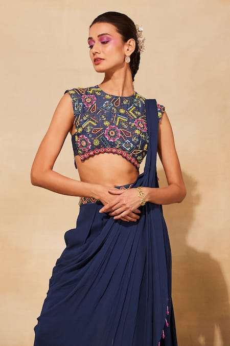 Diyarajvvir Blue Cotton, Silk, Georgette Cut Pre-draped Pant Saree With Embroidered Blouse Online at Aza Fashions Diyarajvvir_Blue Cotton, Silk, Georgette Cut Pre-draped Pant Saree With Embroidered Blouse _Online_at_Aza_Fashions