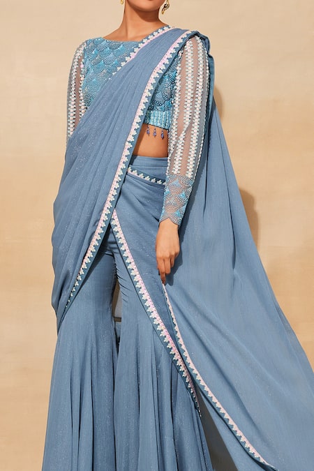 Diyarajvvir_Blue Georgette, Tulle Pre-draped Pant Saree With Scallop Embroidered Blouse _Online_at_Aza_Fashions