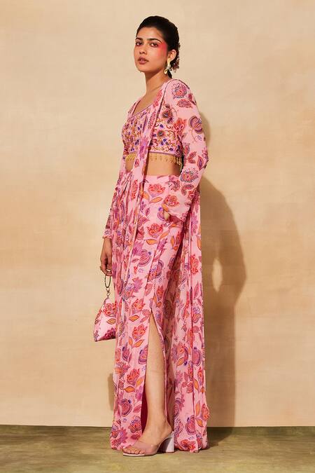 Diyarajvvir_Pink Georgette, Tulle Beads, Cut Chintz Floral Print Pant Saree With Blouse _Online_at_Aza_Fashions
