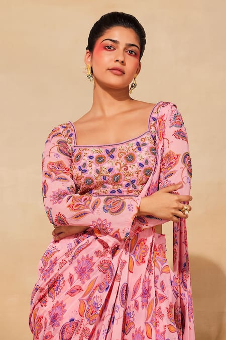 Buy_Diyarajvvir_Pink Georgette, Tulle Beads, Cut Chintz Floral Print Pant Saree With Blouse _Online_at_Aza_Fashions