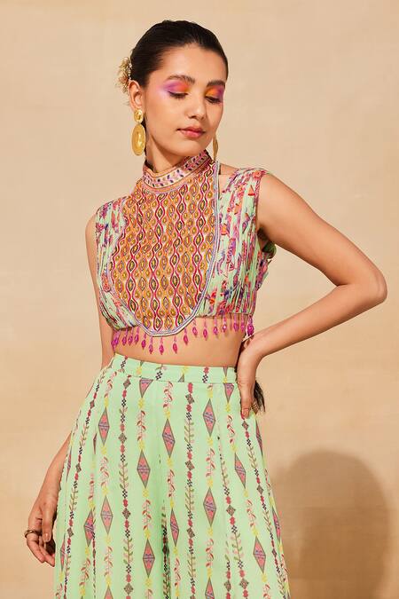 Diyarajvvir_Green Cotton, Silk, Georgette Embroidered Yoke Blouse With Mandala Print Sharara _Online_at_Aza_Fashions