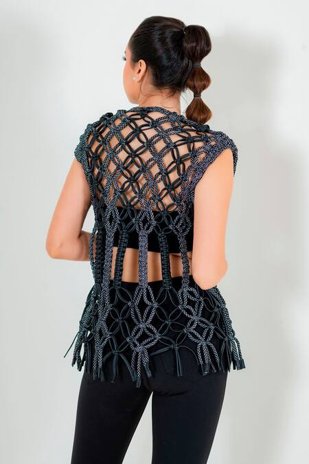 Shop Devina Juneja Black Leather Open Knotted Jacket at Aza Fashions Shop_Devina Juneja_Black Leather Open Knotted Jacket _at_Aza_Fashions