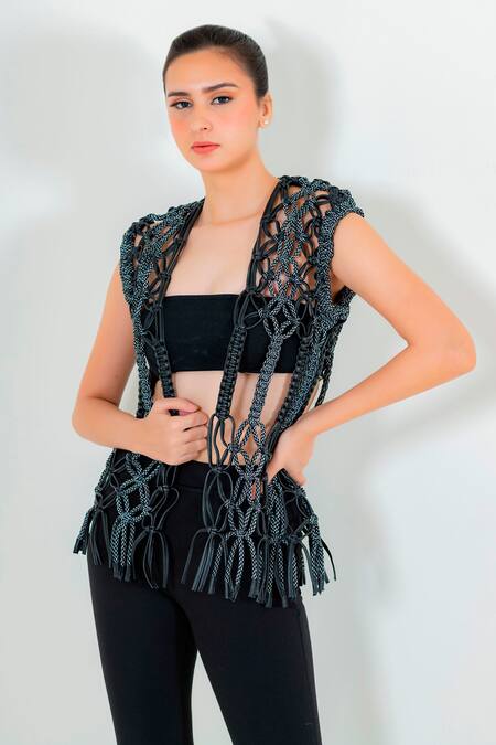 Devina Juneja Black Leather Open Knotted Jacket Online at Aza Fashions Devina Juneja_Black Leather Open Knotted Jacket _Online_at_Aza_Fashions