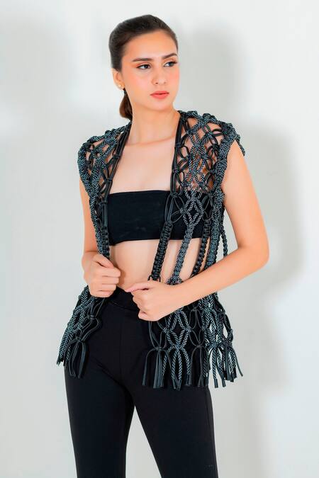 Shop Devina Juneja Black Leather Open Knotted Jacket Online at Aza Fashions Shop_Devina Juneja_Black Leather Open Knotted Jacket _Online_at_Aza_Fashions