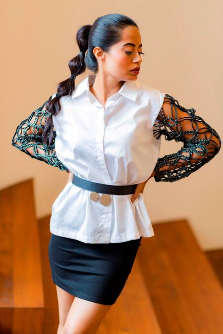 Devina Juneja White Leather, Pure Cotton Shirt Collar Online at Aza Fashions Devina Juneja_White Leather, Pure Cotton Shirt Collar _Online_at_Aza_Fashions
