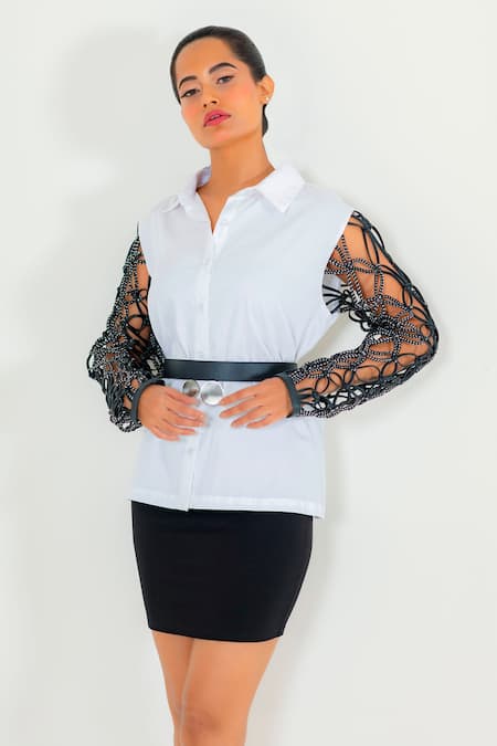 Buy Devina Juneja White Leather, Pure Cotton Shirt Collar Online at Aza Fashions Buy_Devina Juneja_White Leather, Pure Cotton Shirt Collar _Online_at_Aza_Fashions