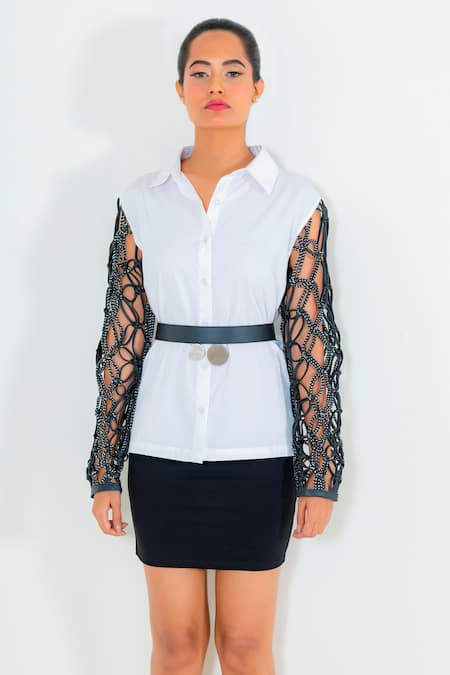 Shop Devina Juneja White Leather, Pure Cotton Shirt Collar Online at Aza Fashions Shop_Devina Juneja_White Leather, Pure Cotton Shirt Collar _Online_at_Aza_Fashions