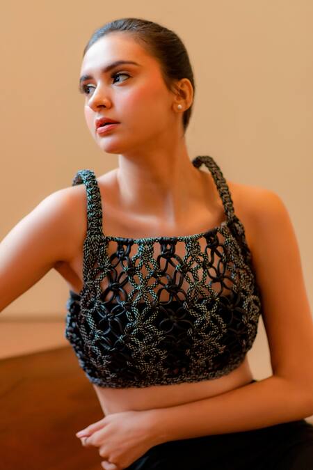 Buy Devina Juneja Black Leather Square Neck Knotted Vest Top Online at Aza Fashions Buy_Devina Juneja_Black Leather Square Neck Knotted Vest Top _Online_at_Aza_Fashions