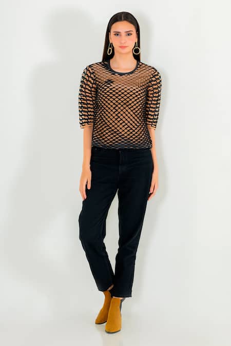 Devina Juneja Black Crepe Round Cutwork Top