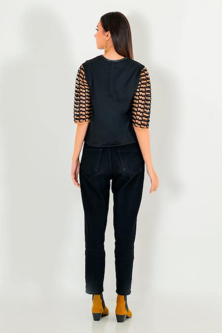 Shop Devina Juneja Black Crepe Round Cutwork Top at Aza Fashions Shop_Devina Juneja_Black Crepe Round Cutwork Top _at_Aza_Fashions
