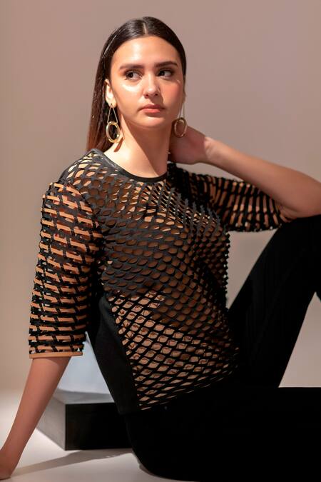 Shop Devina Juneja Black Crepe Round Cutwork Top Online at Aza Fashions Shop_Devina Juneja_Black Crepe Round Cutwork Top _Online_at_Aza_Fashions