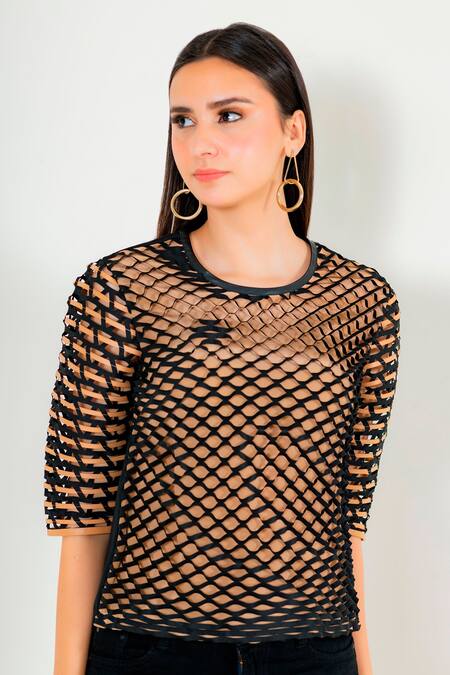 Devina Juneja Black Crepe Round Cutwork Top at Aza Fashions Devina Juneja_Black Crepe Round Cutwork Top _at_Aza_Fashions