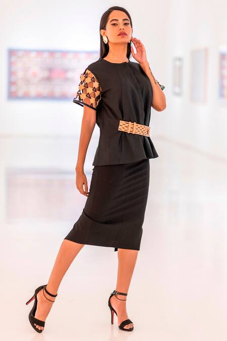 Devina Juneja_Black Crepe Round Woven Sleeve Peplum Top _Online_at_Aza_Fashions