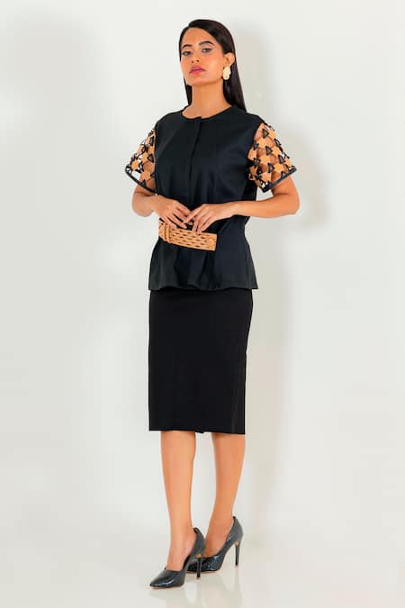 Shop_Devina Juneja_Black Crepe Round Woven Sleeve Peplum Top _Online_at_Aza_Fashions