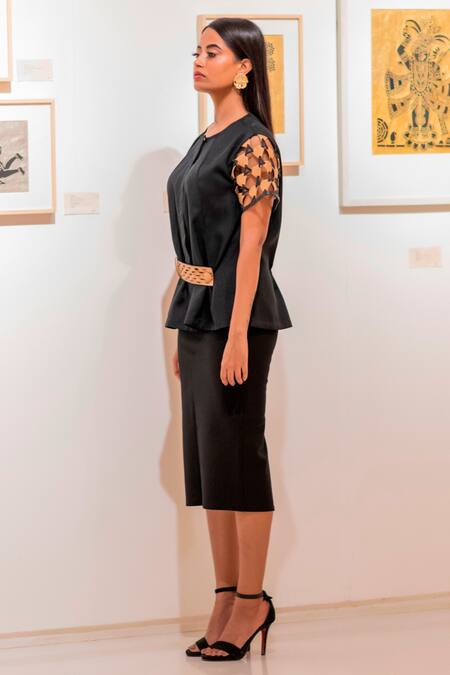 Devina Juneja_Black Crepe Round Woven Sleeve Peplum Top _at_Aza_Fashions