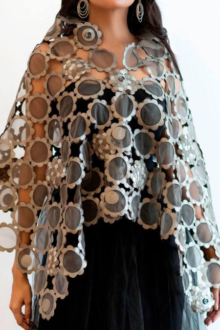 Devina Juneja Grey Tulle Asymmetric Applique Cape at Aza Fashions Devina Juneja_Grey Tulle Asymmetric Applique Cape _at_Aza_Fashions