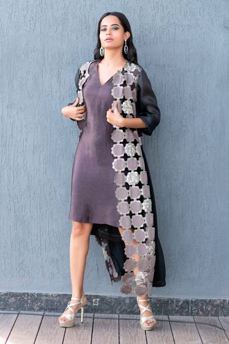 Devina Juneja Black Cotton Satin, Thick Organza V Neck Dress With Applique Jacket Online at Aza Fashions Devina Juneja_Black Cotton Satin, Thick Organza V Neck Dress With Applique Jacket _Online_at_Aza_Fashions