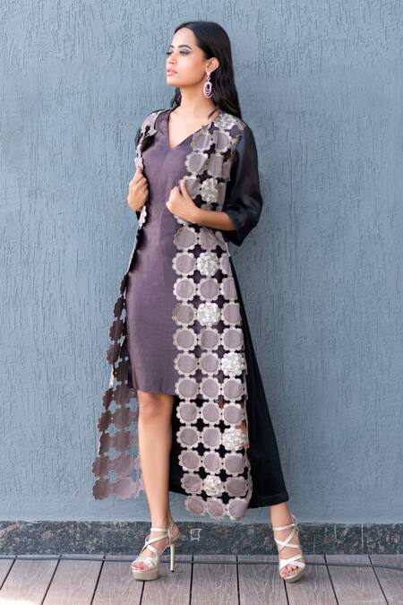 Buy Devina Juneja Black Cotton Satin, Thick Organza V Neck Dress With Applique Jacket Online at Aza Fashions Buy_Devina Juneja_Black Cotton Satin, Thick Organza V Neck Dress With Applique Jacket _Online_at_Aza_Fashions