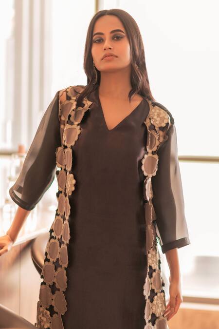 Devina Juneja Black Cotton Satin, Thick Organza V Neck Dress With Applique Jacket at Aza Fashions Devina Juneja_Black Cotton Satin, Thick Organza V Neck Dress With Applique Jacket _at_Aza_Fashions