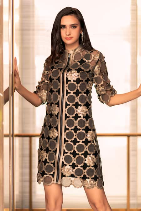 Devina Juneja Grey Tulle Embroidery Mandarin Collar Applique Dress 