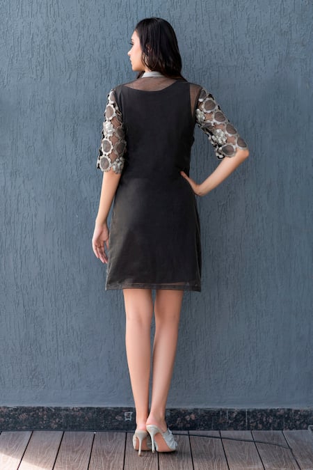 Shop Devina Juneja Grey Tulle, Taffeta Mandarin Collar Applique Dress at Aza Fashions Shop_Devina Juneja_Grey Tulle, Taffeta Mandarin Collar Applique Dress _at_Aza_Fashions