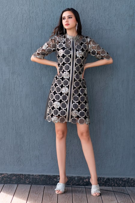 Devina Juneja Grey Tulle, Taffeta Mandarin Collar Applique Dress Online at Aza Fashions Devina Juneja_Grey Tulle, Taffeta Mandarin Collar Applique Dress _Online_at_Aza_Fashions