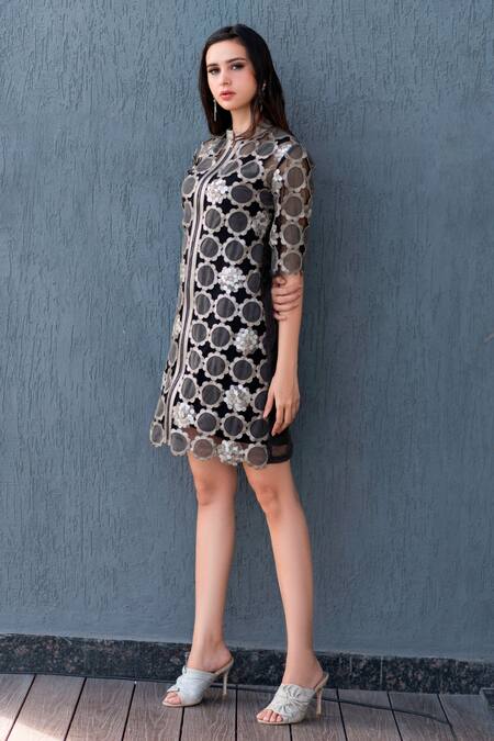 Buy Devina Juneja Grey Tulle, Taffeta Mandarin Collar Applique Dress Online at Aza Fashions Buy_Devina Juneja_Grey Tulle, Taffeta Mandarin Collar Applique Dress _Online_at_Aza_Fashions