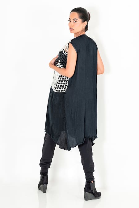 Shop Devina Juneja Black Pleated Fabric Open Jacket at Aza Fashions Shop_Devina Juneja_Black Pleated Fabric Open Jacket _at_Aza_Fashions