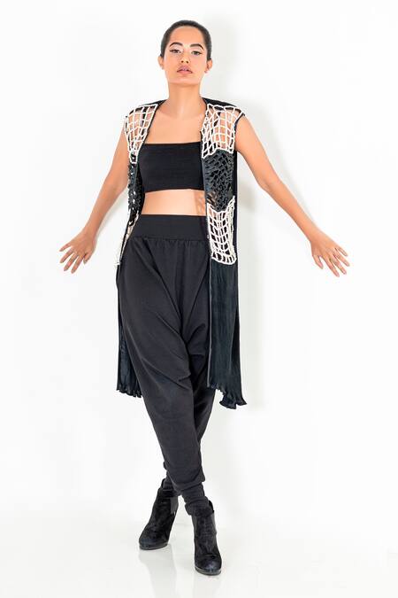 Shop Devina Juneja Black Pleated Fabric Open Jacket Online at Aza Fashions Shop_Devina Juneja_Black Pleated Fabric Open Jacket _Online_at_Aza_Fashions