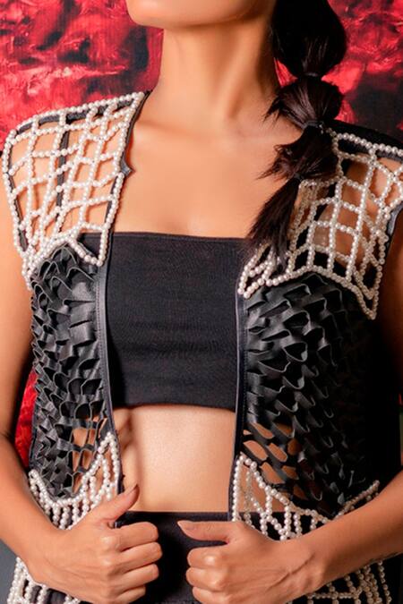 Devina Juneja Black Pleated Fabric Open Jacket at Aza Fashions Devina Juneja_Black Pleated Fabric Open Jacket _at_Aza_Fashions