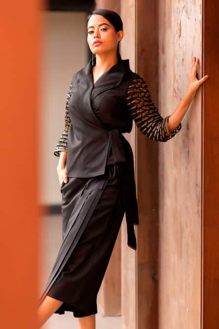 Devina Juneja Black Crepe Oversize Collar Woven Sleeve Peplum Top