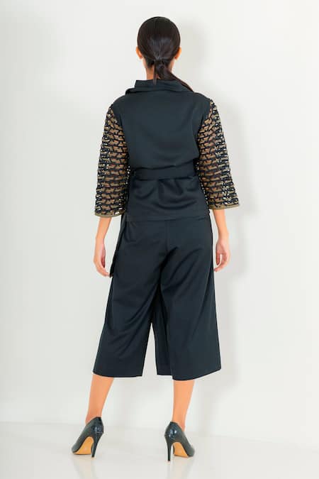 Shop Devina Juneja Black Crepe Oversize Collar Woven Sleeve Peplum Top at Aza Fashions Shop_Devina Juneja_Black Crepe Oversize Collar Woven Sleeve Peplum Top _at_Aza_Fashions