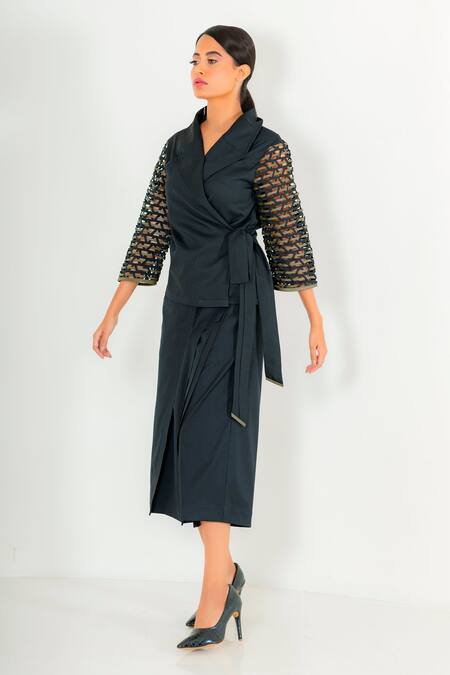 Shop Devina Juneja Black Crepe Oversize Collar Woven Sleeve Peplum Top Online at Aza Fashions Shop_Devina Juneja_Black Crepe Oversize Collar Woven Sleeve Peplum Top _Online_at_Aza_Fashions