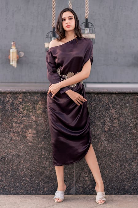 Devina Juneja Purple Heavy Satin Asymmetric One Shoulder Draped Dress