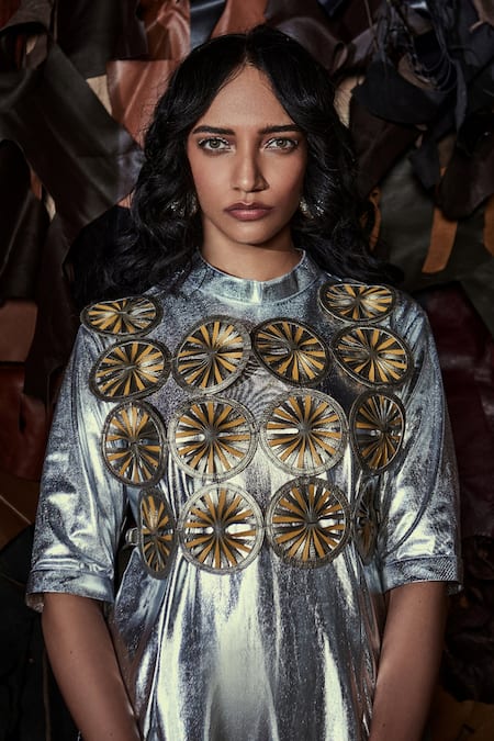 Devina Juneja Gold Leather Applique Work Harlem Vest  