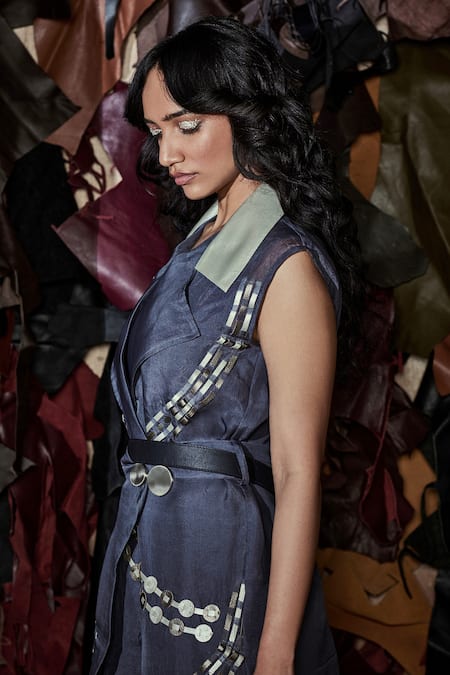 Devina Juneja_Grey Thick Organza Leather Lapel Collar Astoria Sleeveless Trench Dress_Online_at_Aza_Fashions