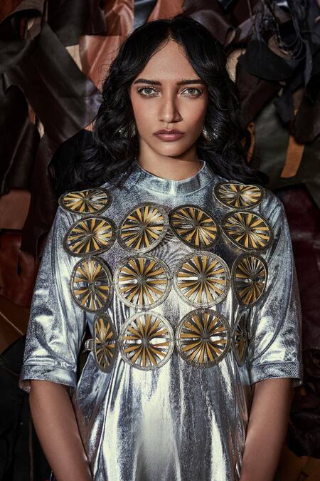 Devina Juneja_Grey Knitted Metallic Fabric Applique Work High Neck Harlem Midi Dress _Online_at_Aza_Fashions