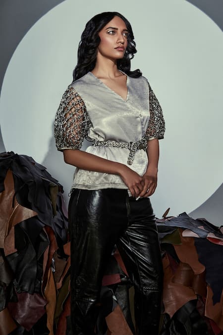 Devina Juneja Grey Crepe Satin V Neck Hamptons Macrame Sleeve Wrap Top Online at Aza Fashions Devina Juneja_Grey Crepe Satin V Neck Hamptons Macrame Sleeve Wrap Top_Online_at_Aza_Fashions