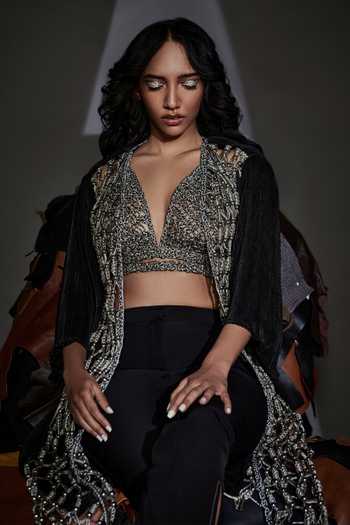 Buy_Devina Juneja_Silver Pleated Fabric Hamptons Macrame Kimono Jacket_Online_at_Aza_Fashions