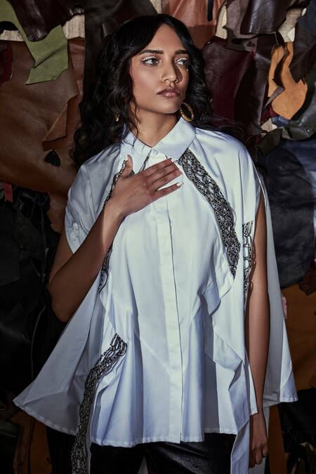 Shop Devina Juneja Blue Cotton Straight Collar Hamptons Cape Style Shirt at Aza Fashions Shop_Devina Juneja_Blue Cotton Straight Collar Hamptons Cape Style Shirt_at_Aza_Fashions