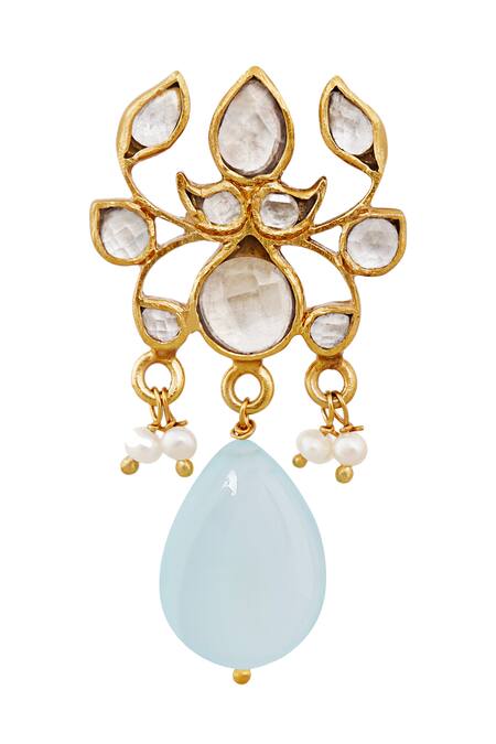 Shop Anita Dongre Gold Plated Stone Lotus Aquamarine Drop Earrings at Aza Fashions Shop_Anita Dongre_Gold Plated Stone Lotus Aquamarine Drop Earrings_at_Aza_Fashions