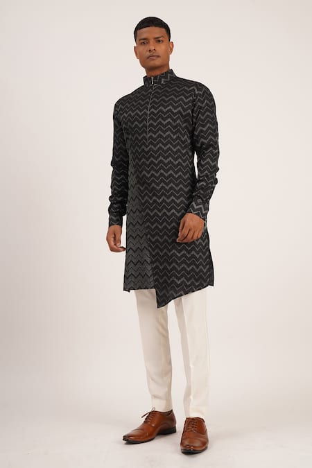 Dhruv Vaish Black Cotton Silk Embroidered Zig Zag Asymmetric Kurta Set 