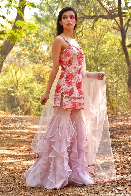 Disha Kahai_Pink Silk, Organza, Net Beads Butterfly Print And Embroidered Kurta Gharara Set_Online_at_Aza_Fashions