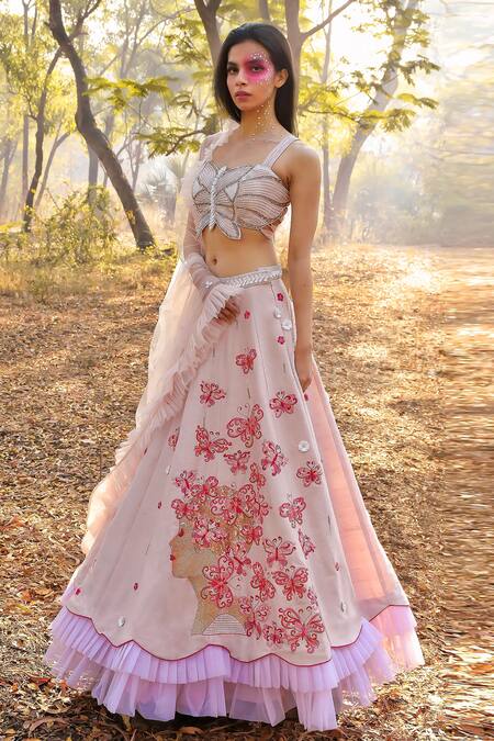 Disha Kahai Pink Silk, Net Sequins, Embroidery Sweetheart Neck Blouse Lehenga Set Online at Aza Fashions Disha Kahai_Pink Silk, Net Sequins, Embroidery Sweetheart Neck Blouse Lehenga Set_Online_at_Aza_Fashions