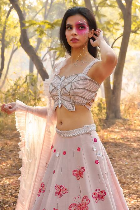 Shop Disha Kahai Pink Silk, Net Sequins, Embroidery Sweetheart Neck Blouse Lehenga Set Online at Aza Fashions Shop_Disha Kahai_Pink Silk, Net Sequins, Embroidery Sweetheart Neck Blouse Lehenga Set_Online_at_Aza_Fashions