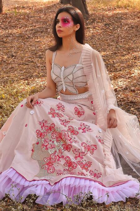 Disha Kahai Pink Silk, Net Sequins, Embroidery Sweetheart Neck Blouse Lehenga Set at Aza Fashions Disha Kahai_Pink Silk, Net Sequins, Embroidery Sweetheart Neck Blouse Lehenga Set_at_Aza_Fashions