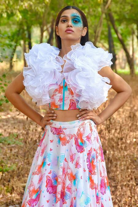 Disha Kahai_Multi Color Crepe, Organza Ruffles Butterfly Print Lehenga Set With Jacket_Online_at_Aza_Fashions