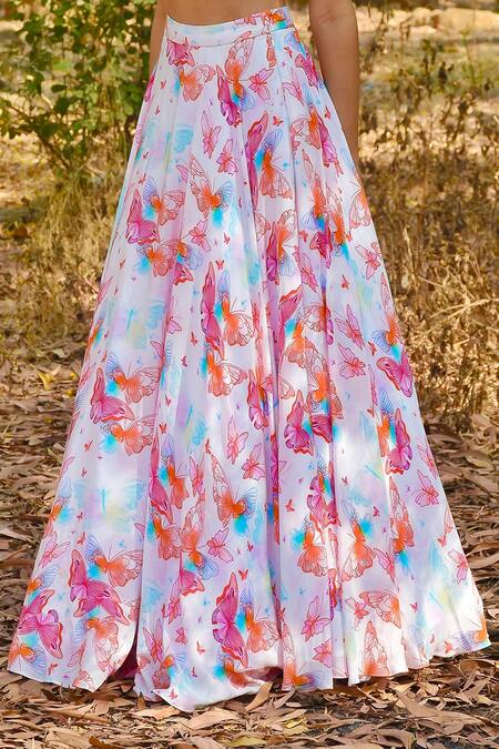 Buy_Disha Kahai_Multi Color Crepe, Organza Ruffles Butterfly Print Lehenga Set With Jacket_Online_at_Aza_Fashions